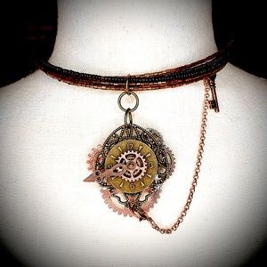 Steampunk beaded choker with hanging pendant
